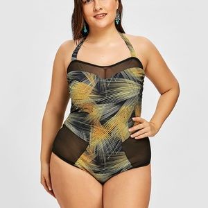 Mesh Panel Halter Plus Size Print Swimwear